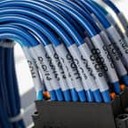 Un faisceau de fils dotés d’étiquettes blanches.