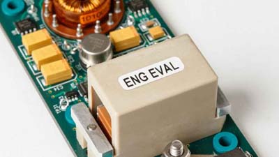 Un circuit imprimé dont un composant est doté d’une étiquette « ENG EVAL ».