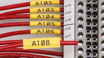 Six manchons thermorétractables jaunes, sur lesquels est imprimé le texte « A102 », « A103 » jusqu’à « A108 », tous connectés à un panneau de circuit.