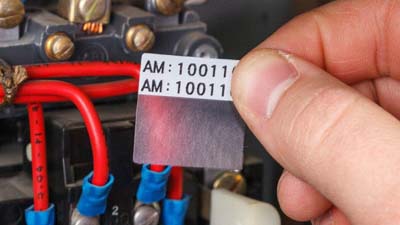 Un technicien tenant une étiquette en vinyle auto-protégée à enrouler devant des composants électriques. L’étiquette blanche contient un texte noir et comporte une partie transparente qui s’enroule autour de l’étiquette lorsqu’elle est appliquée pour la protéger.
