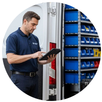 Installateur avec camionnette ouverte à l’arrière-plan